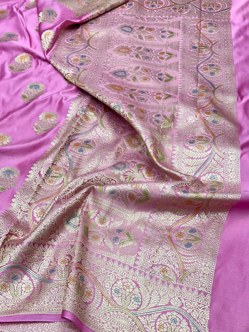 Light Pink Handbrush Painted Mashru Katan Silk Banarasi Saree 