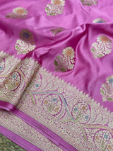 Light Pink Handbrush Painted Mashru Katan Silk Banarasi Saree 