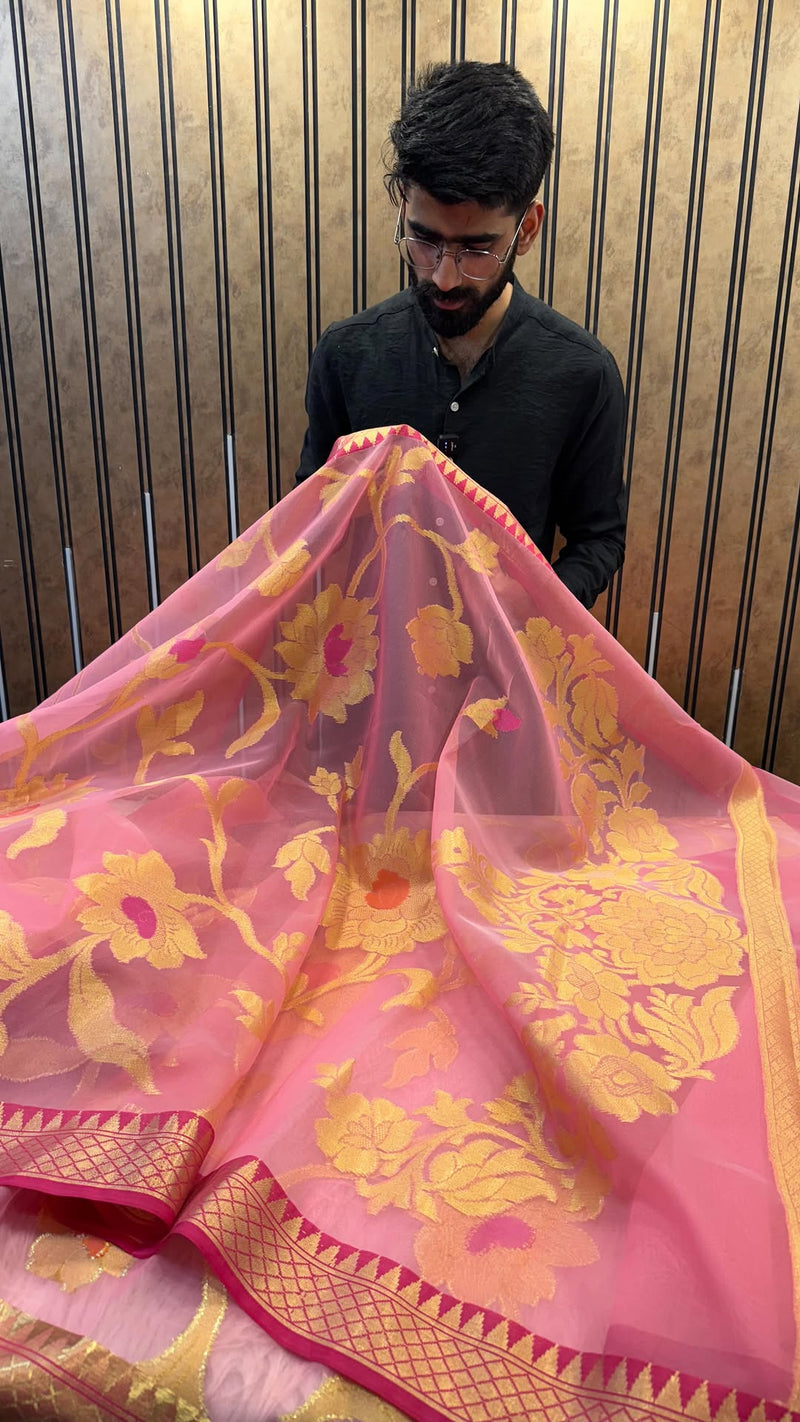 Light Pink Kora Organza Silk Heritage Grand Floral Alfi Design Banarasi Saree