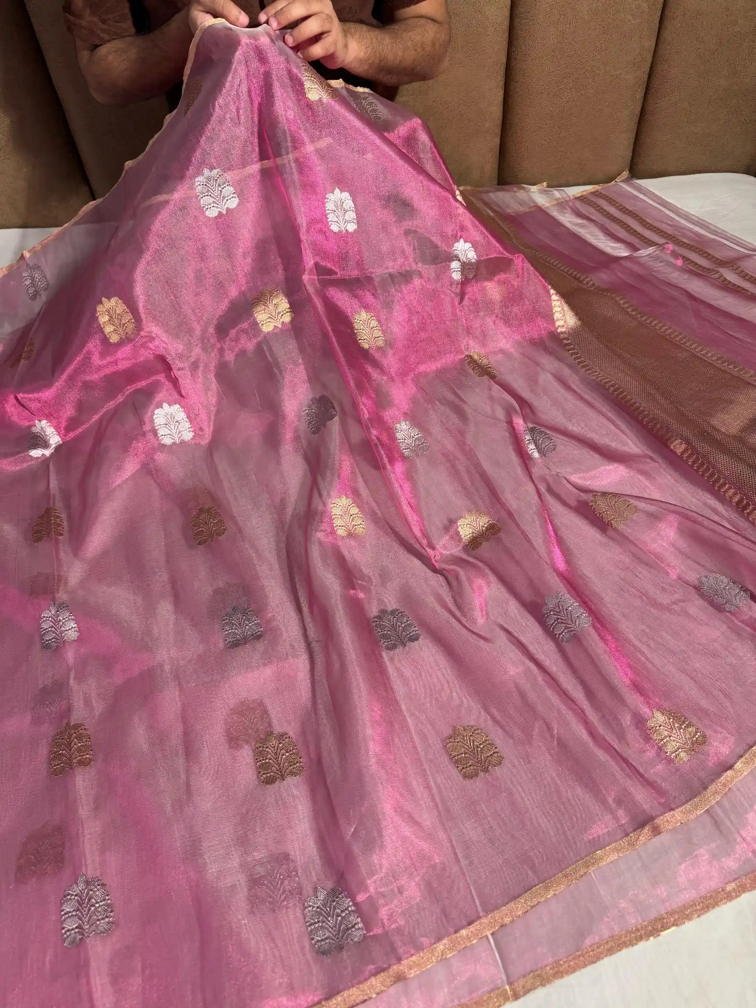 Light Pink Pure Handloom Kadhua Tissue Silk Saree with Rich Pallu and Blouse