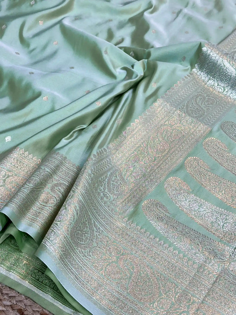 Light Pista Green Premium Mashru Katan Banarasi Saree