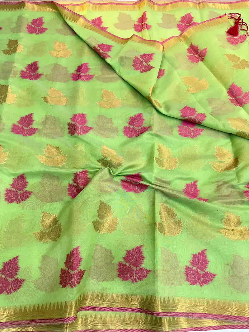 Light Pista Green Soft Cotton Silk Zari Banarasi Saree