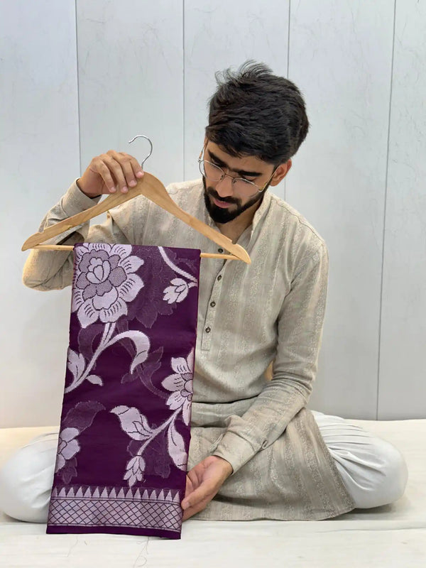 Light Purple Crepe Georgette Silk Banarasi Saree with Heritage Grand Silver Zari Floral Weave
