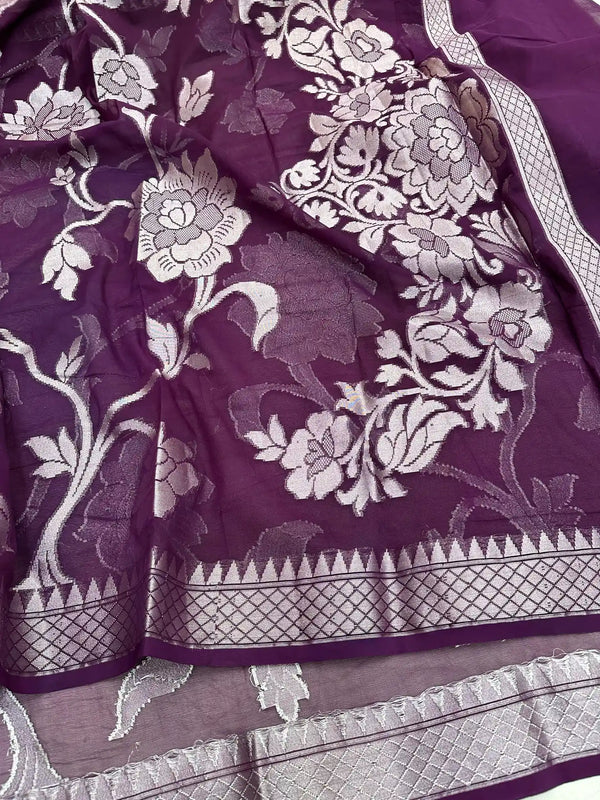 Light Purple Crepe Georgette Silk Banarasi Saree with Heritage Grand Silver Zari Floral Weave
