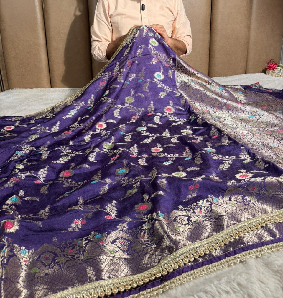 Light Purple Premium Dupion Silk Lace Work Banarasi Saree
