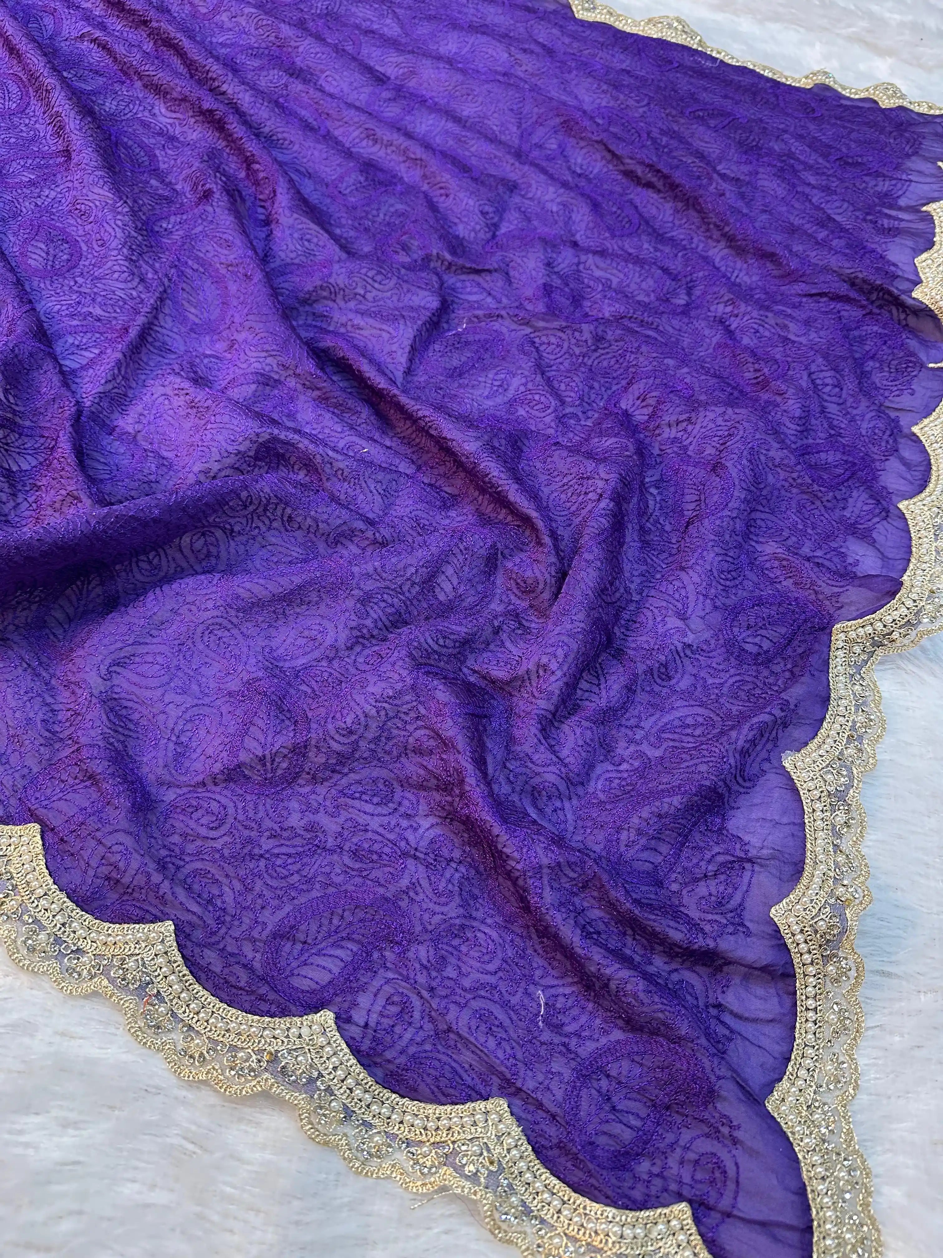 Light Purple Pure Mul Cotton Silk Chikankari Embroidery Pearl Moti Lace Work Banarasi Saree