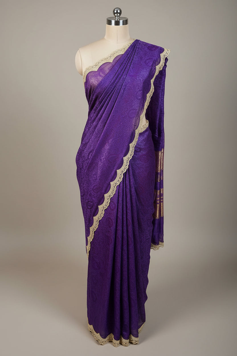 Light Purple Pure Mul Cotton Silk Chikankari Embroidery Pearl Moti Lace Work Banarasi Saree