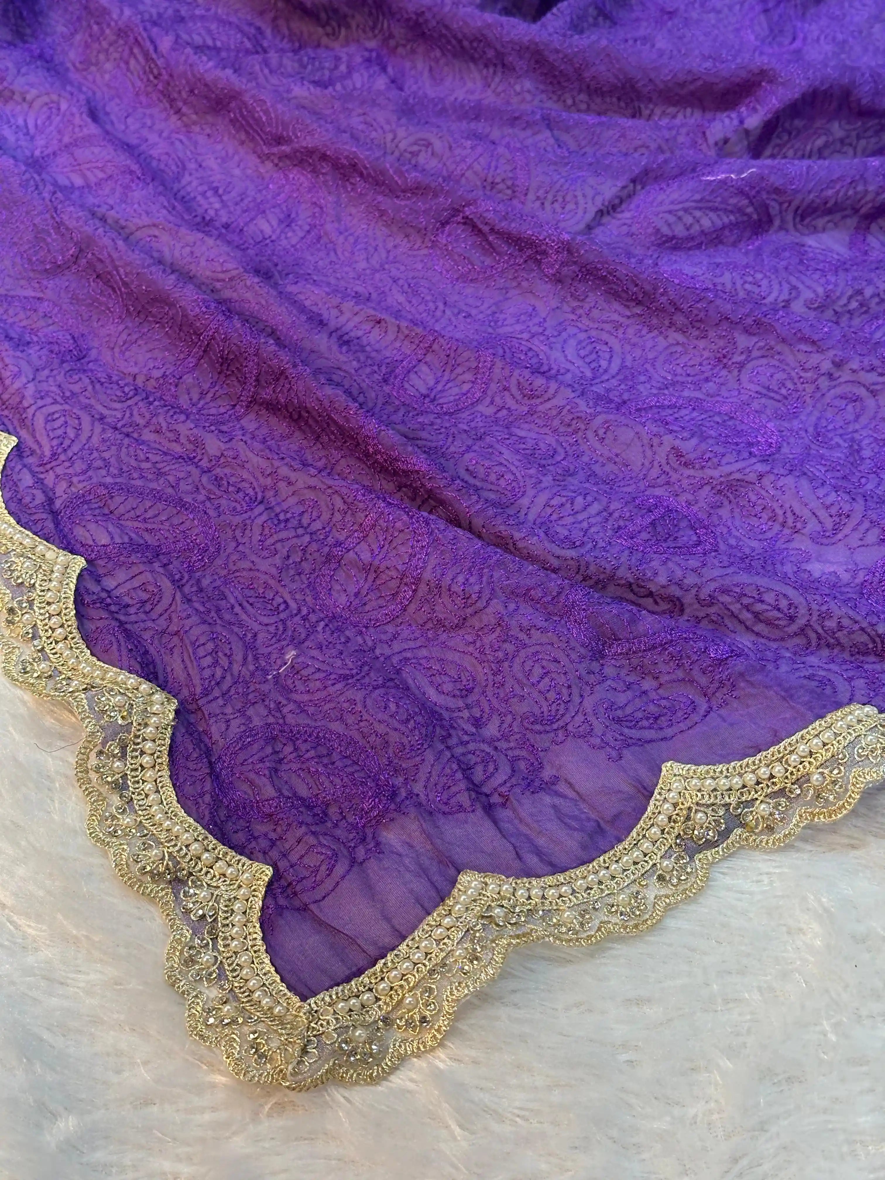 Light Purple Pure Mul Chanderi Silk Chikankari Embroidery Pearl Moti Lace Work Banarasi Saree