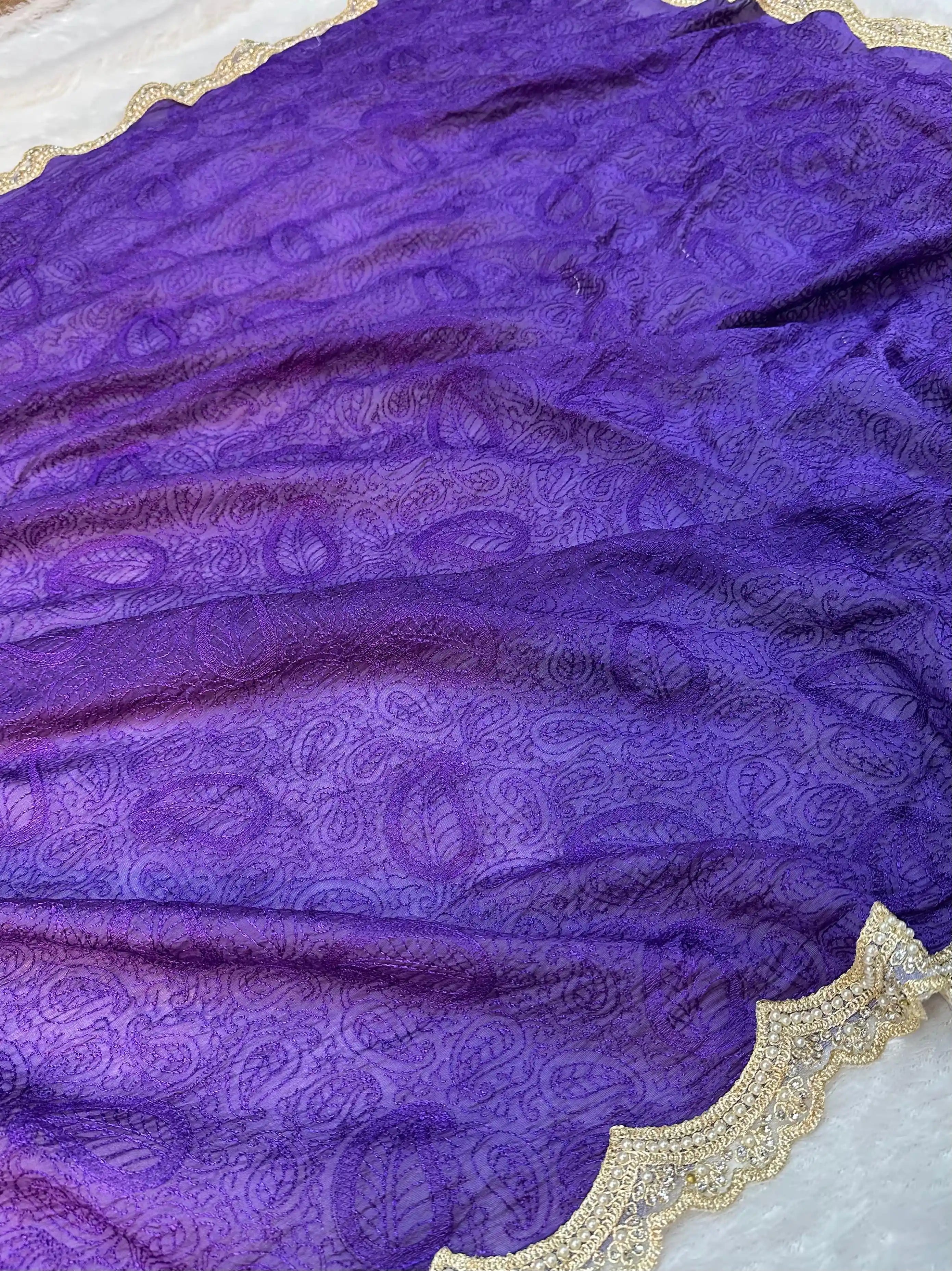 Light Purple Pure Mul Cotton Silk Chikankari Embroidery Pearl Moti Lace Work Banarasi Saree