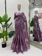 Light Purple Shimmery Tissue Silk Sequins Thread Work Buta Designer Saree