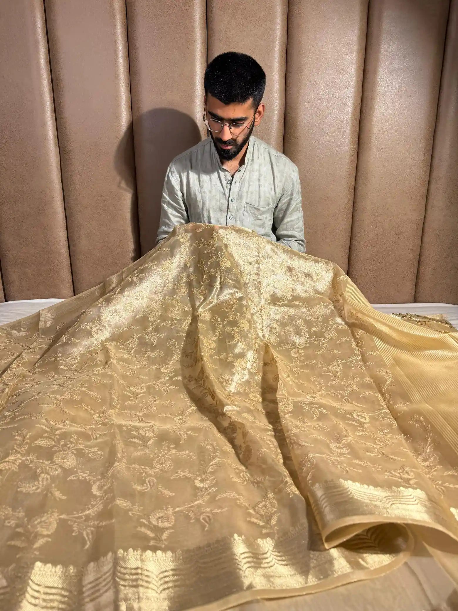 Light Tussar Gold Tissue Silk Chikankari Embroidery Work Banarasi Saree