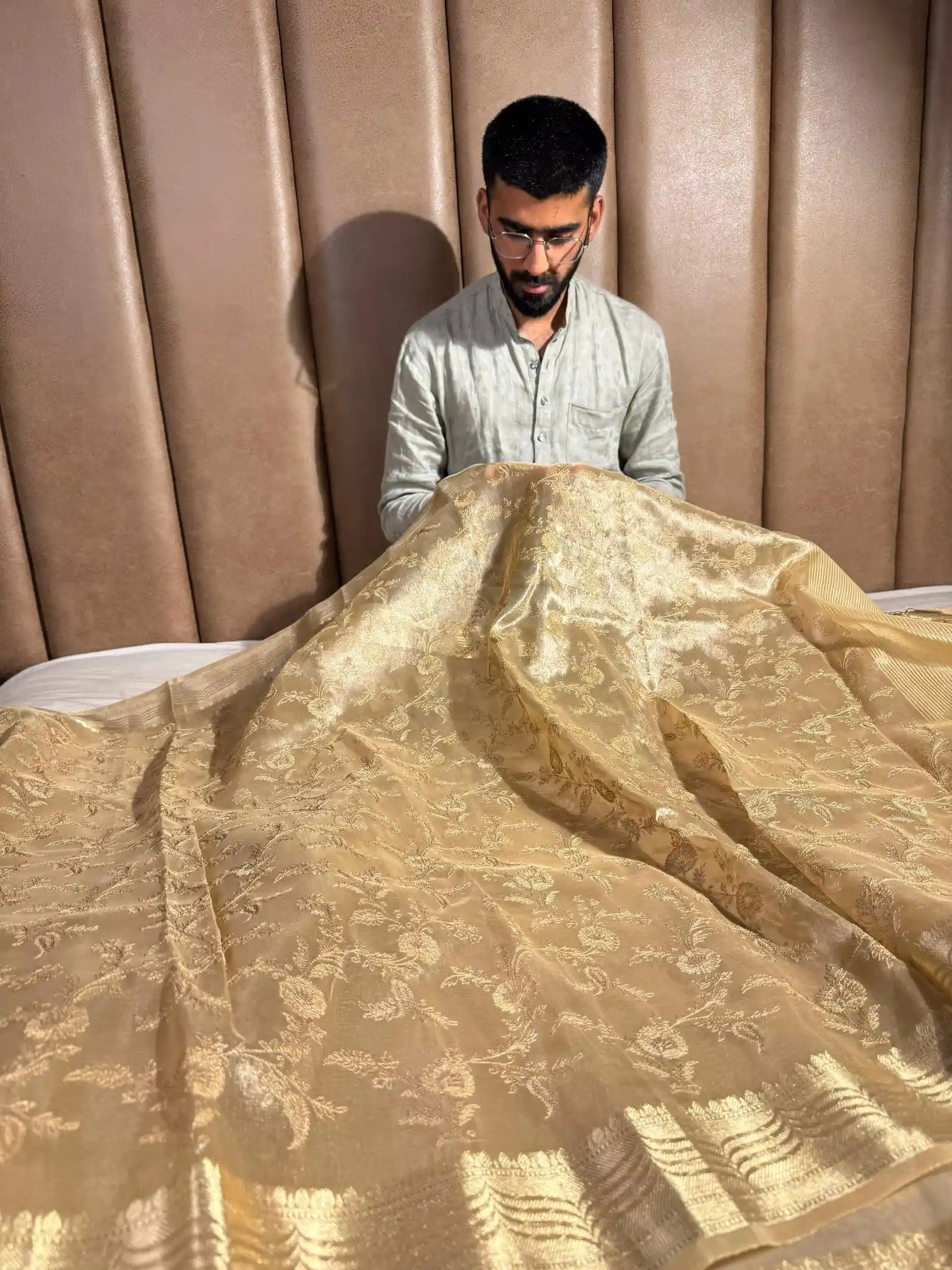 Light Tussar Gold Tissue Silk Chikankari Embroidery Work Banarasi Saree