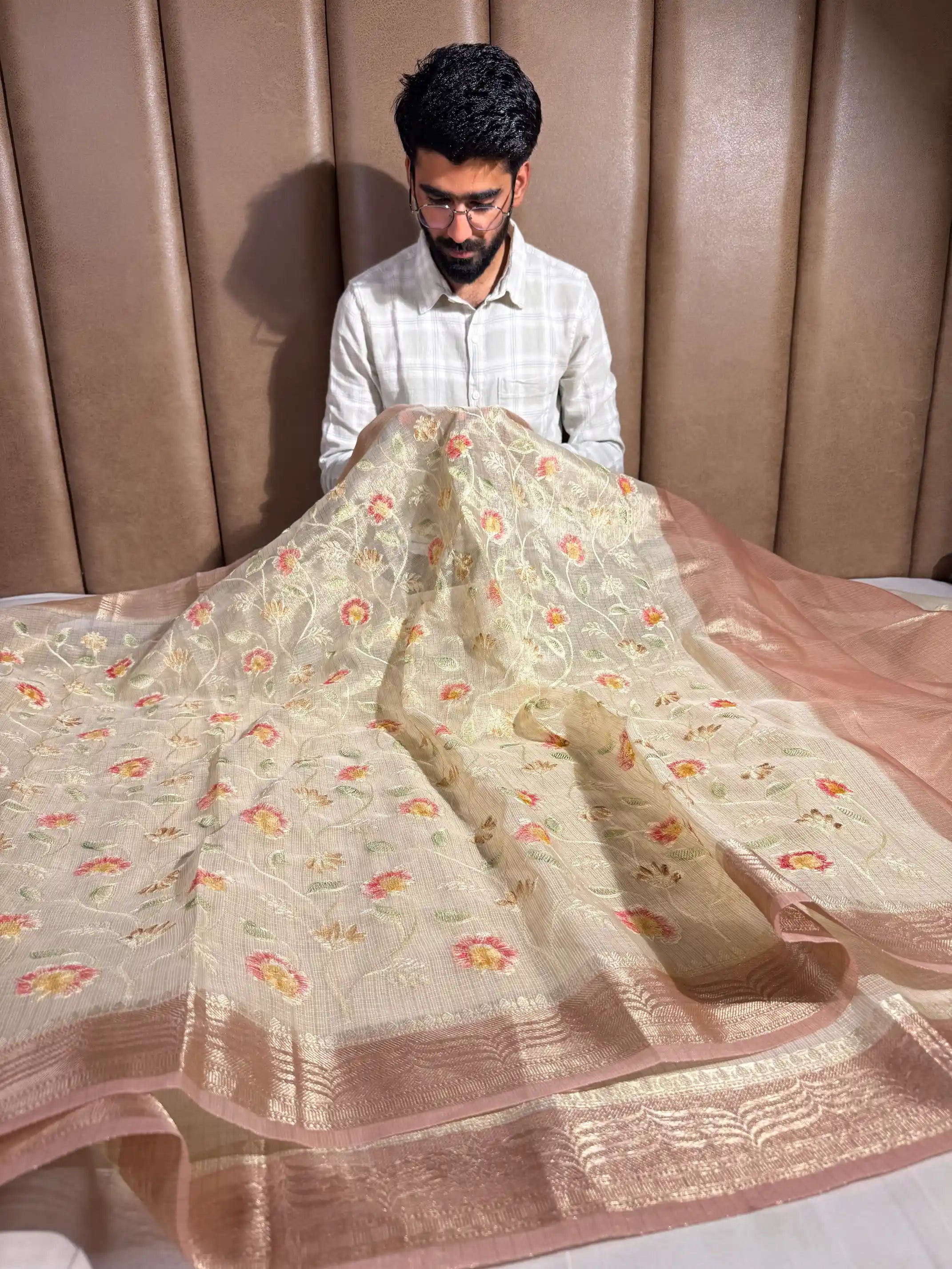 Light Tussar Kota Tissue Silk Embroidery Work Banarasi Saree