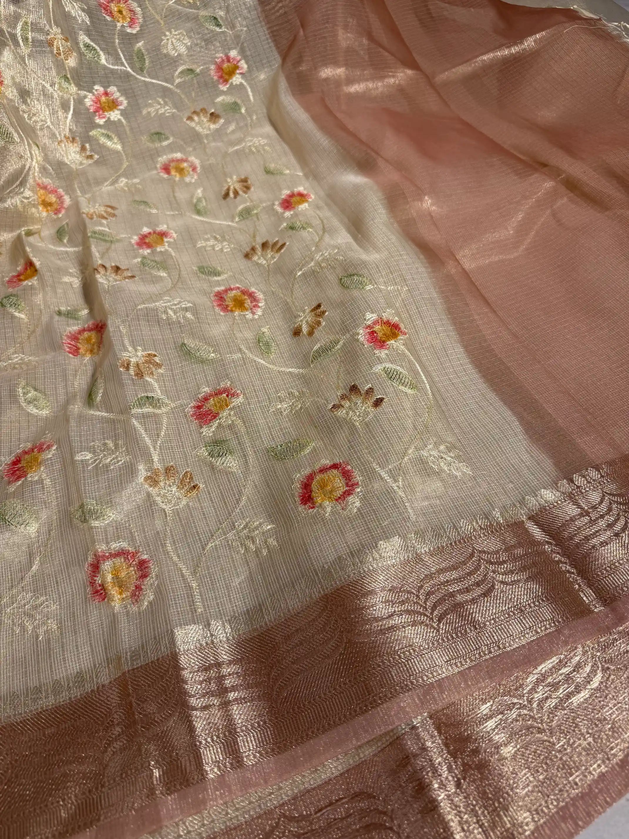 Light Tussar Kota Tissue Silk Embroidery Work Banarasi Saree