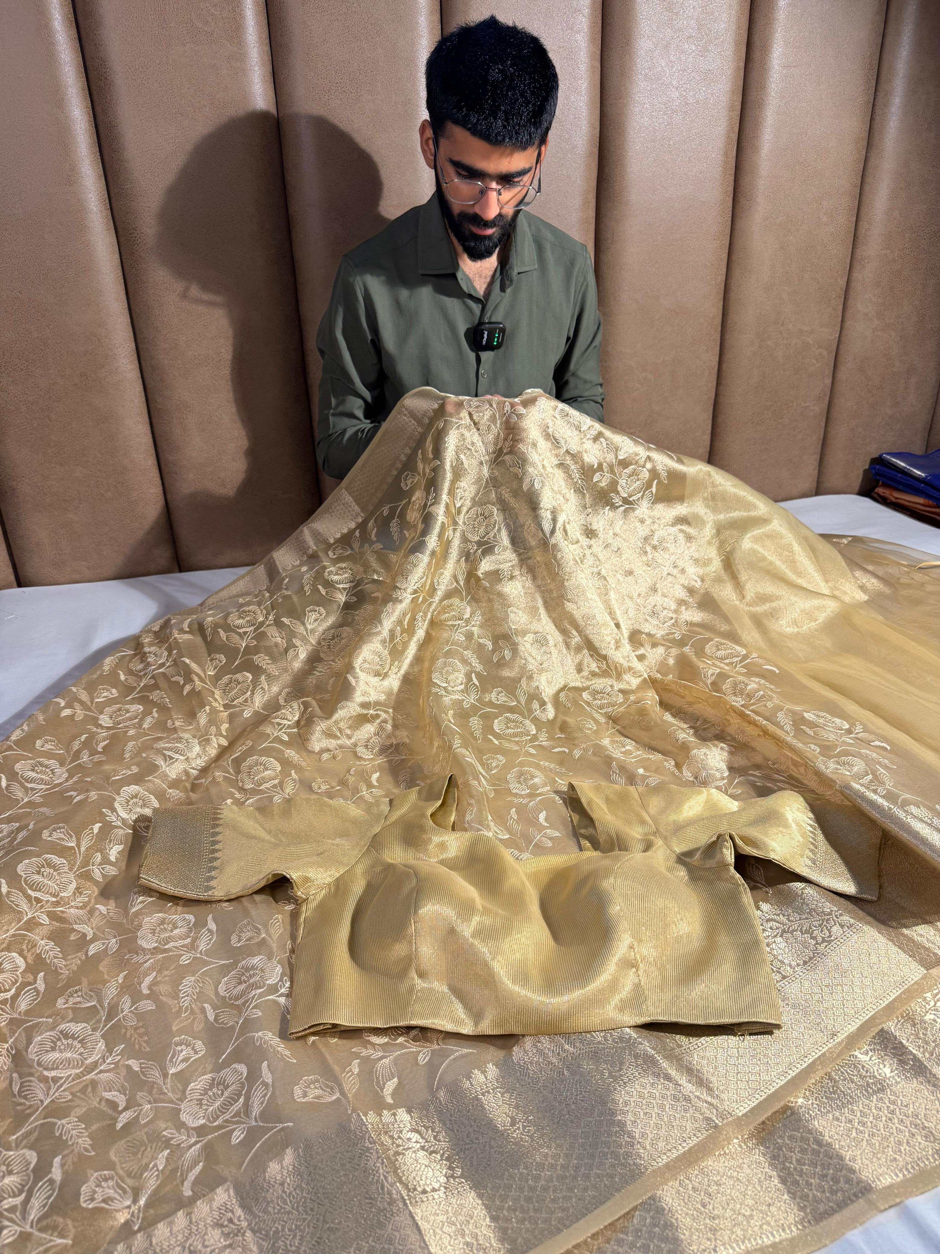 Light Tussar Tissue Silk Chikankari Embroidery Banarasi Saree