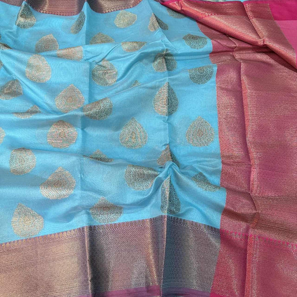 Light Blue Cotton Silk Banarasi Saree