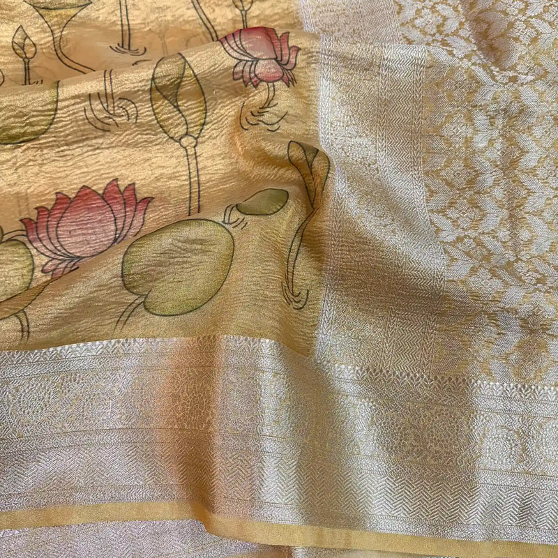 Light Gold Crush Tissue Kalamkari saree