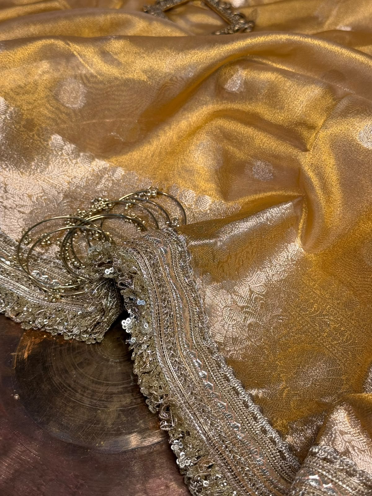 Light Gold Tissue Silk Designer Lace Work Banarasi Saree