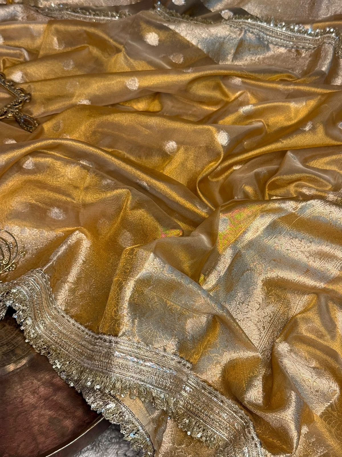 Light Gold Tissue Silk Designer Lace Work Banarasi Saree