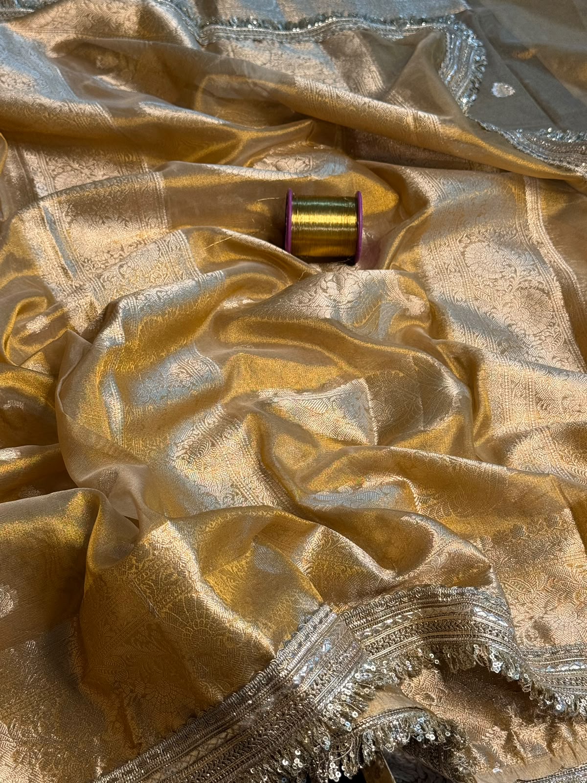 Light Gold Tissue Silk Designer Lace Work Banarasi Saree