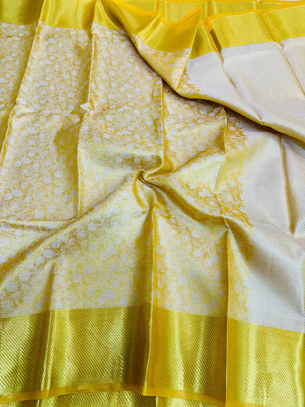 Light Golden Kanjeevaram Tissue Silk Resham Embossed Floral Banarasi Saree