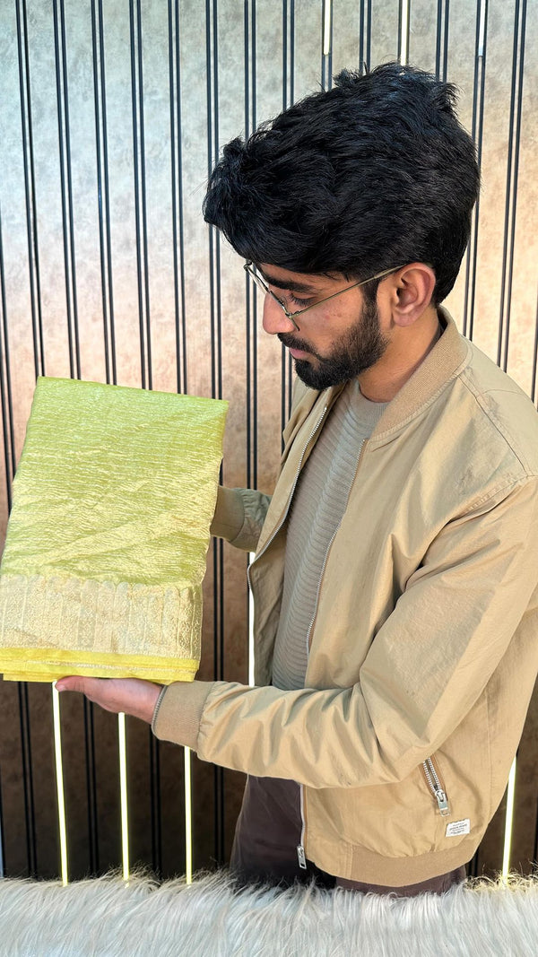 Light Green Crush Tissue Silk Zari Striped Banarasi Saree