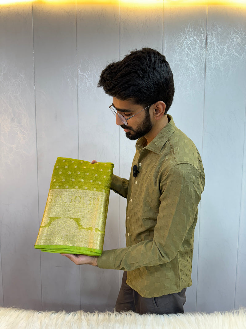 Light Green Tissue Silk Aada And Buti Weave Saree 