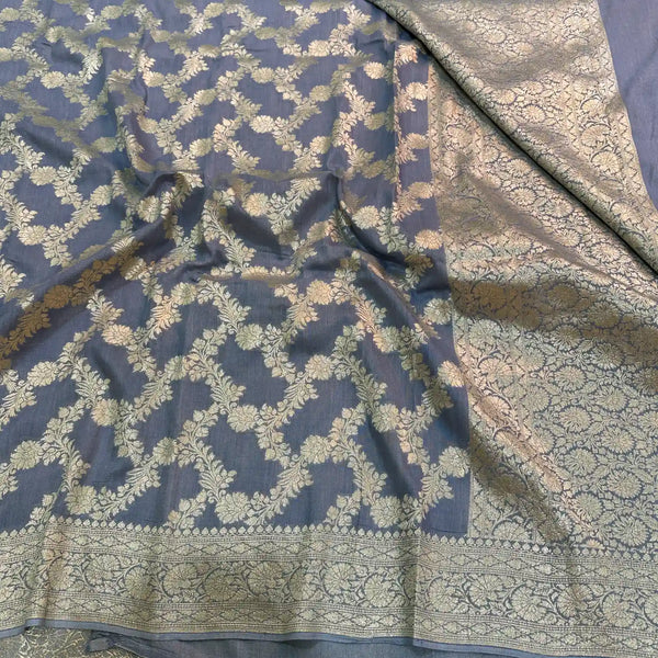 Light Grey Floral Weave Munga Silk Banarasi Saree