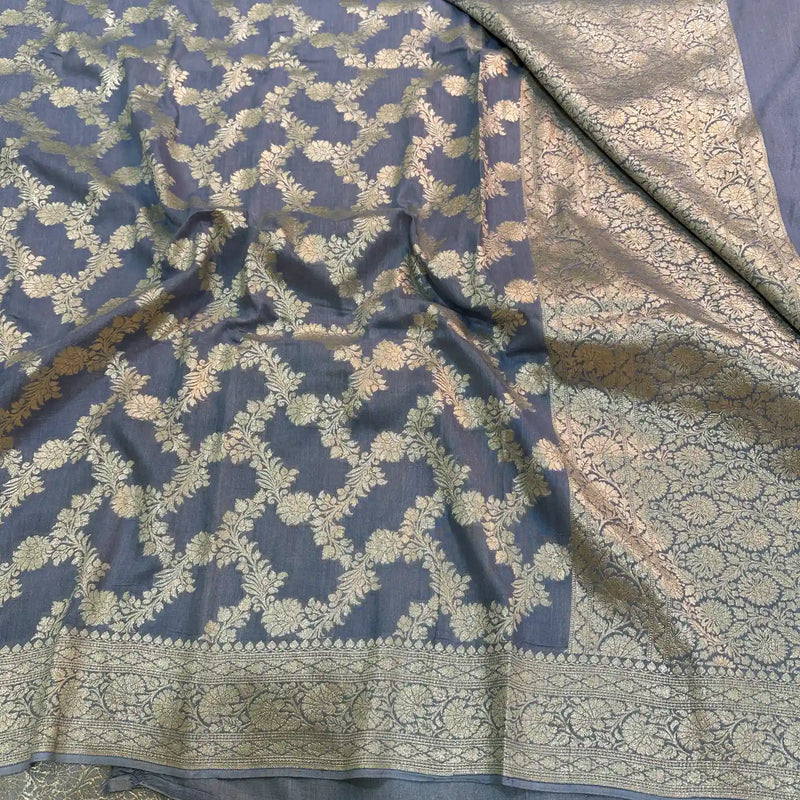 Light Grey Floral Weave Munga Silk Banarasi Saree
