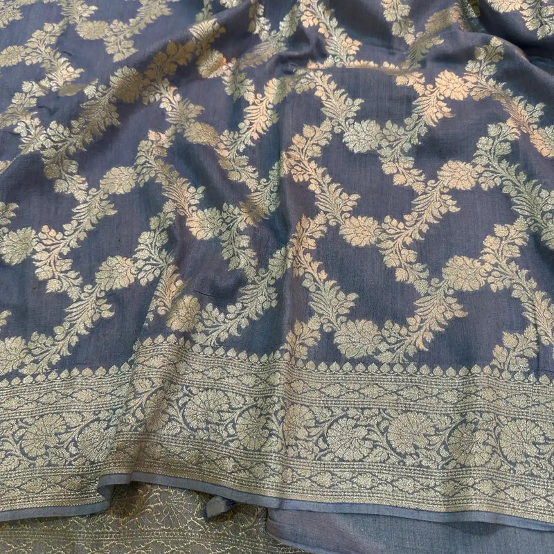 Light Grey Floral Weave Munga Silk Banarasi Saree