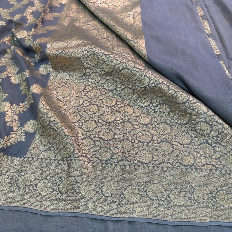 Light Grey Floral Weave Munga Silk Banarasi Saree