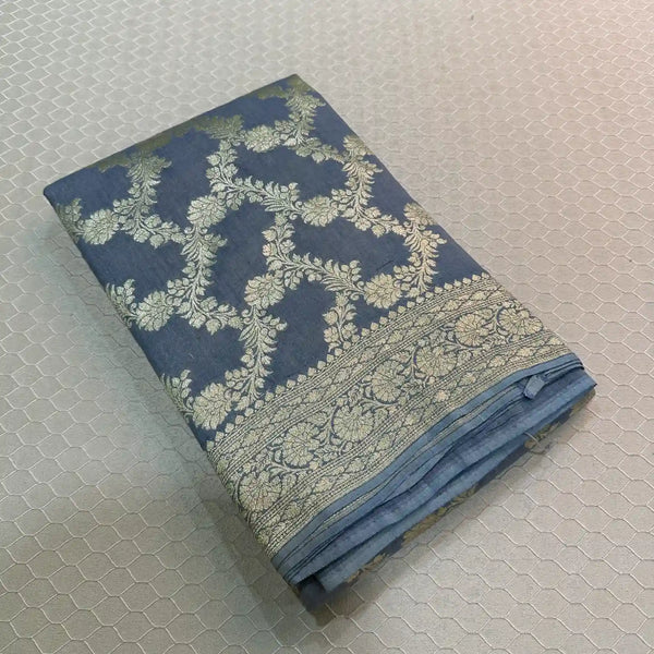 Light Grey Floral Weave Munga Silk Banarasi Saree