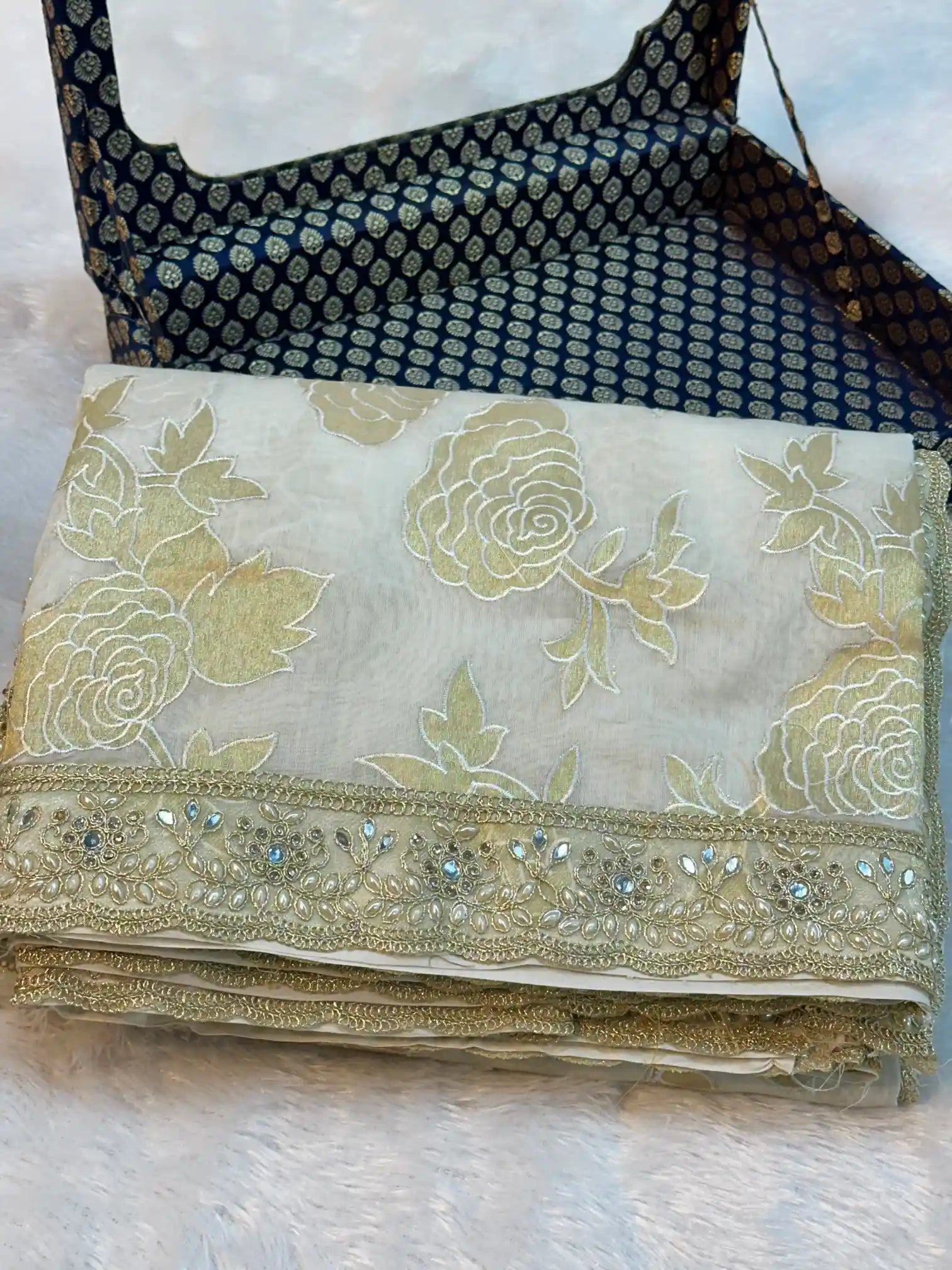 Light Ivory Pure Mul Chanderi Silk Hand Pasted Cutwork Zari Buta Saree
