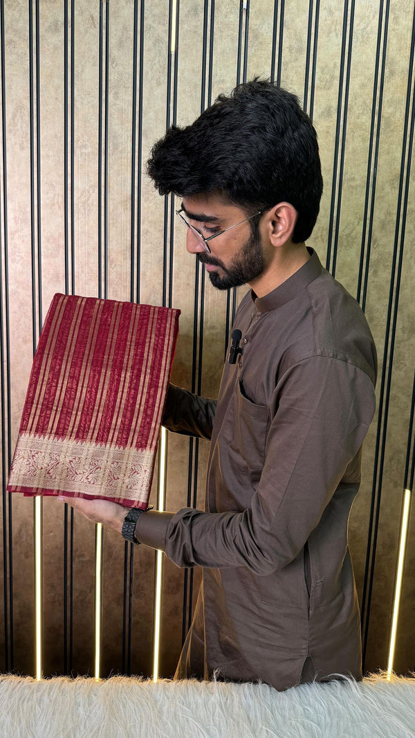 Light Maroon Kora Organza Zari Stripes Banarasi Saree