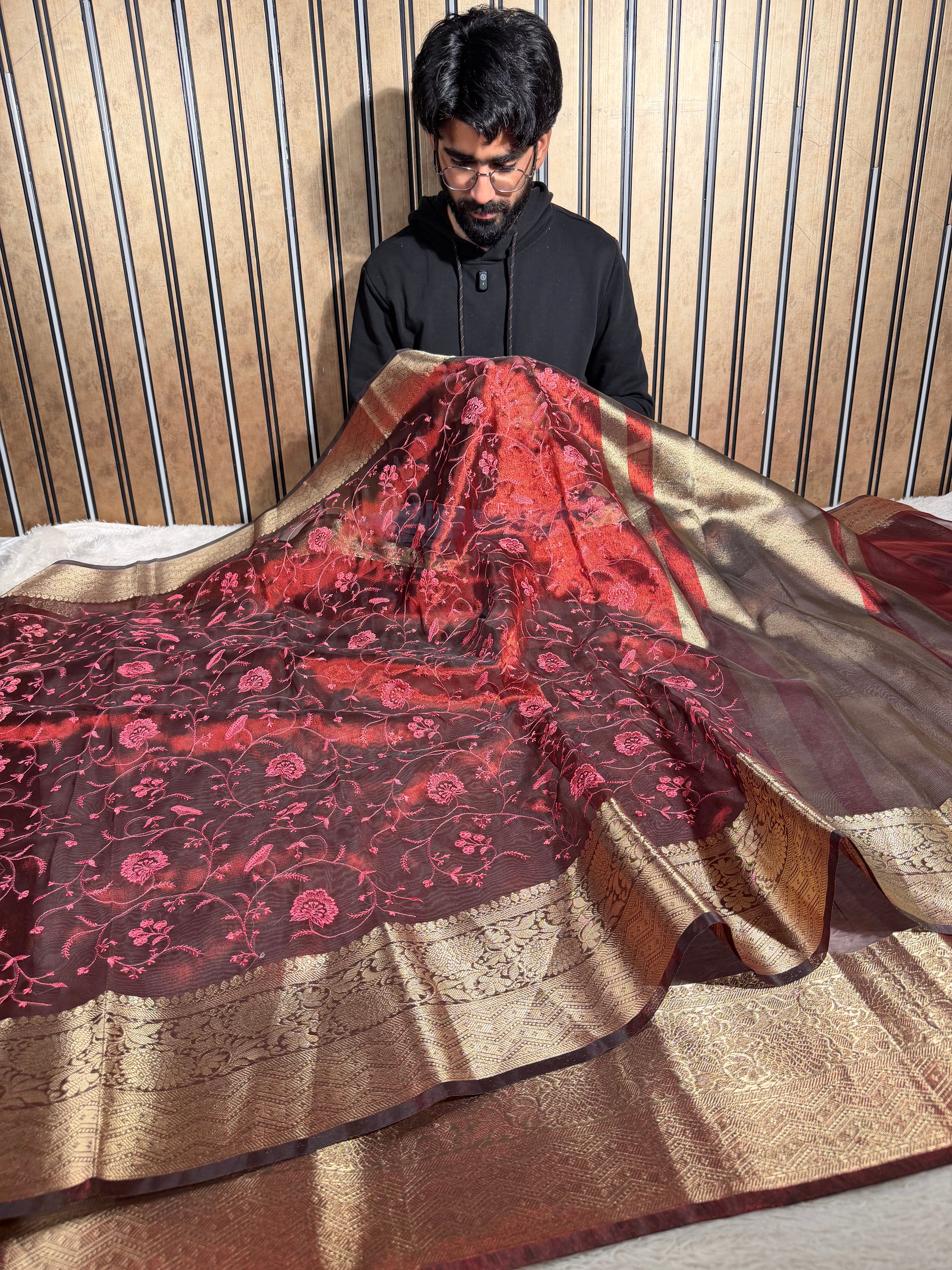 Light Maroon Soft Tissue Chikankari Embroided Banarasi Saree