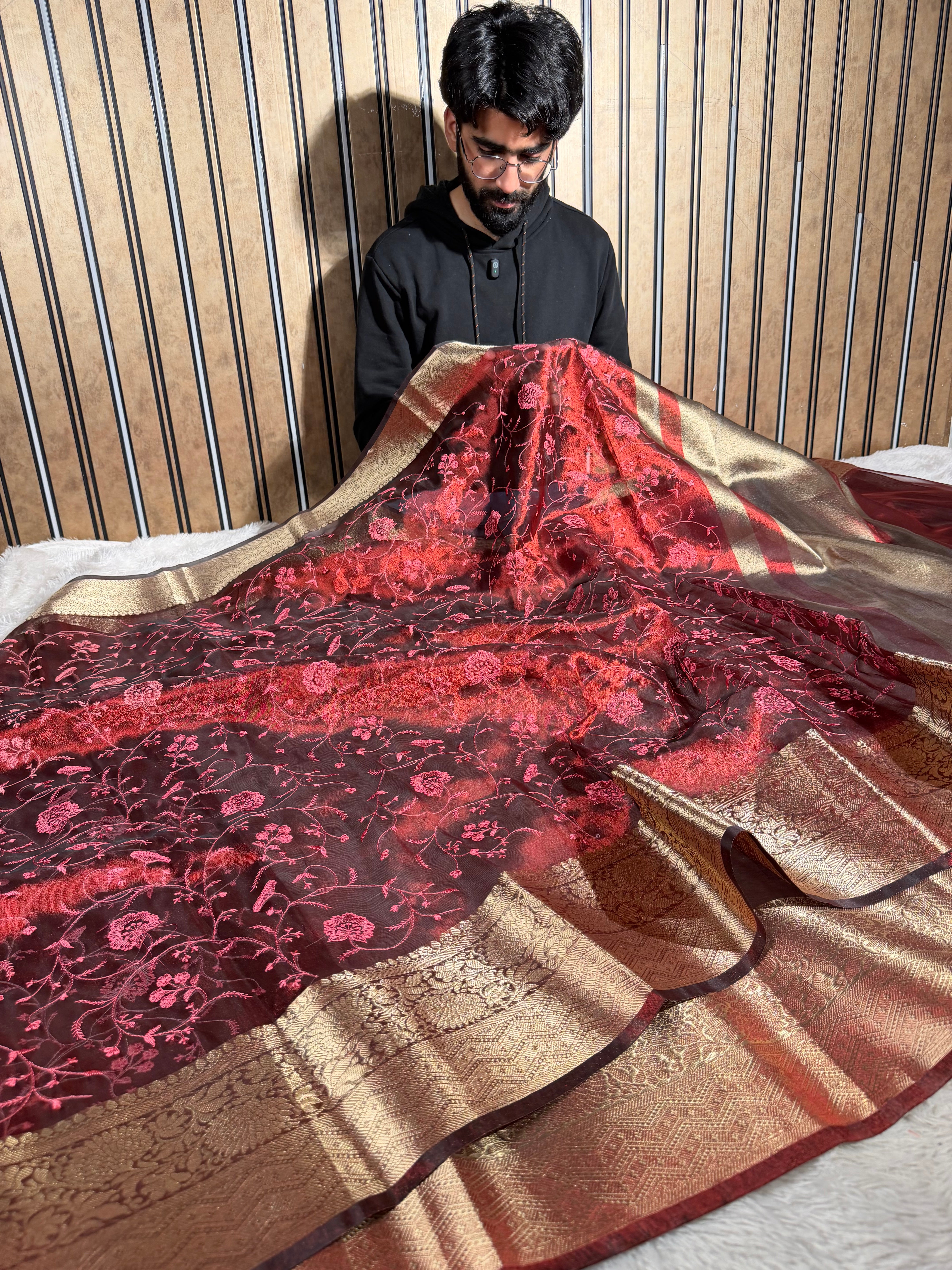 Light Maroon Soft Tissue Chikankari Embroided Banarasi Saree