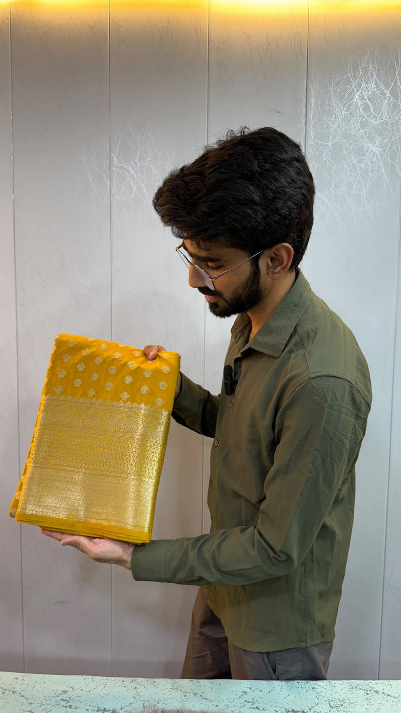 Light Mustard Warm Silk Zari Buti Weave Banarasi Saree