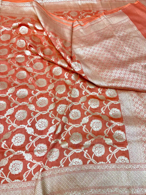 Light Orange Floral Munga Silk Banarasi Saree