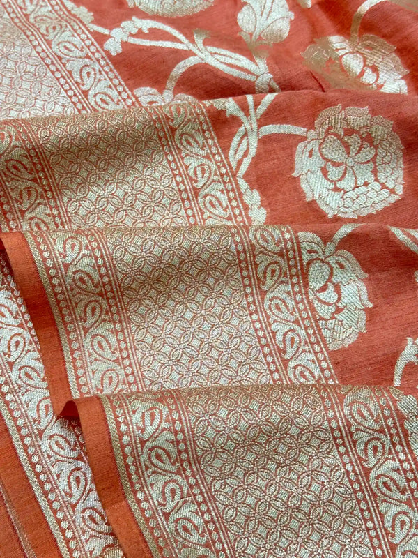 Light Orange Floral Munga Silk Banarasi Saree