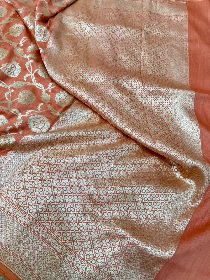 Light Orange Floral Munga Silk Banarasi Saree