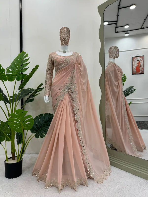 Light Peach Faux Georgette Silk Mirror Work Scallop Saree