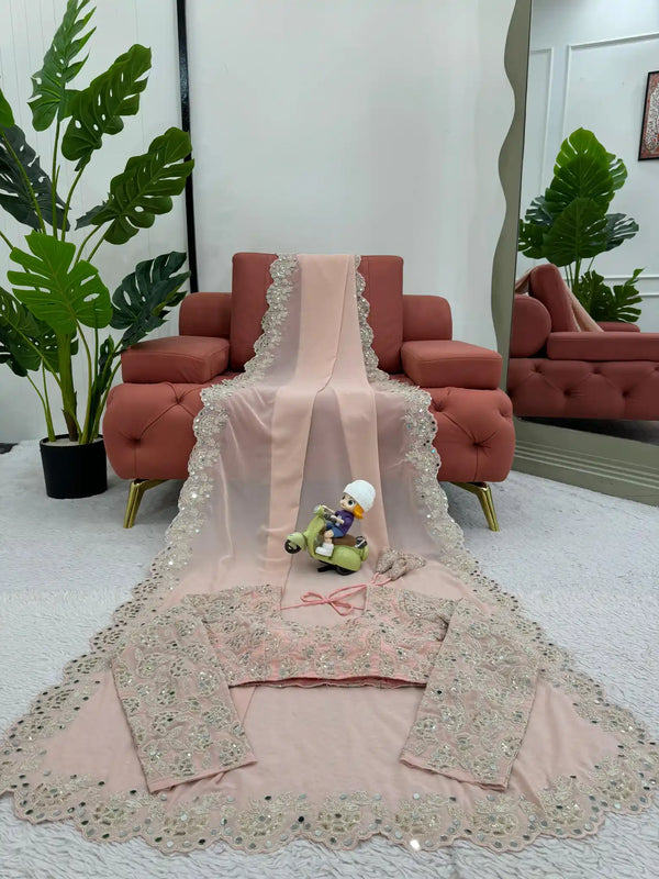 Light Peach Faux Georgette Silk Mirror Work Scallop Saree