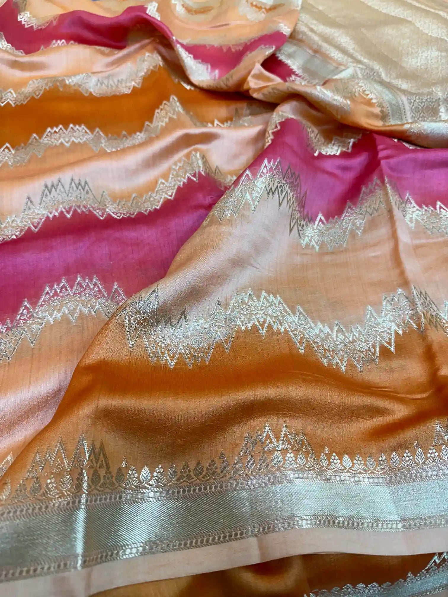 Light Peach Handbrush Dyed Pure Chiniya Silk Banarasi Saree