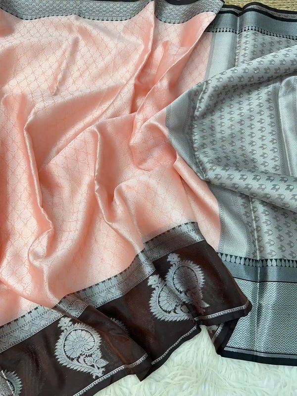 Light Peach Kanchi Kora Silk Embossed Banarasi Saree
