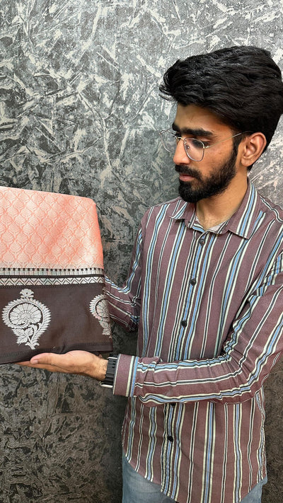 Light Peach Kanchi Kora Silk Embossed Banarasi Saree
