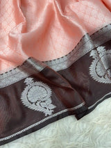 Light Peach Kanchi Kora Silk Embossed Banarasi Saree