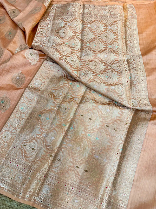 Light Peach Meenakari Buta Chiniya Silk Saree