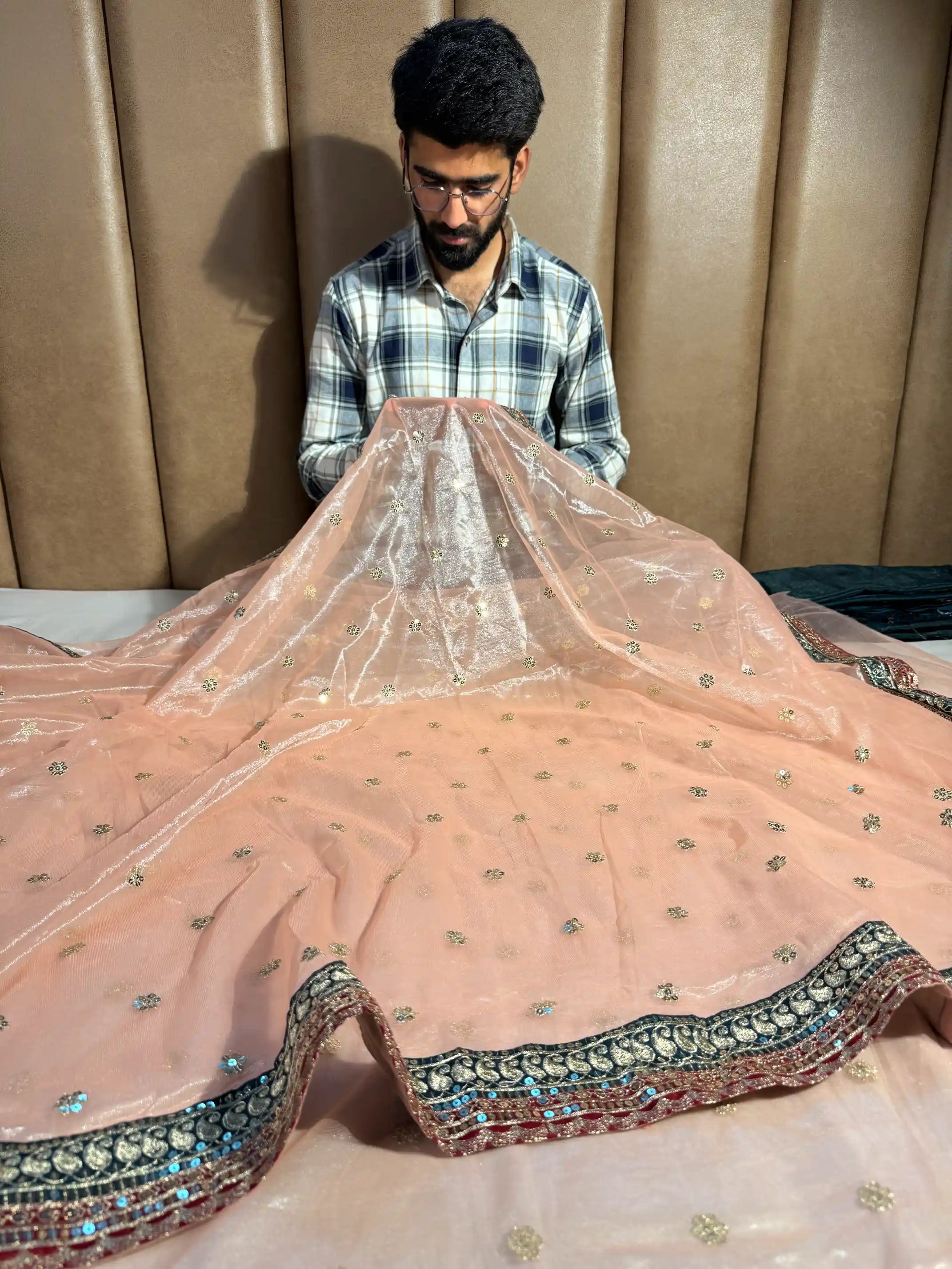 Light Peach Shade Shimmery Tissue Silk Designer Saree