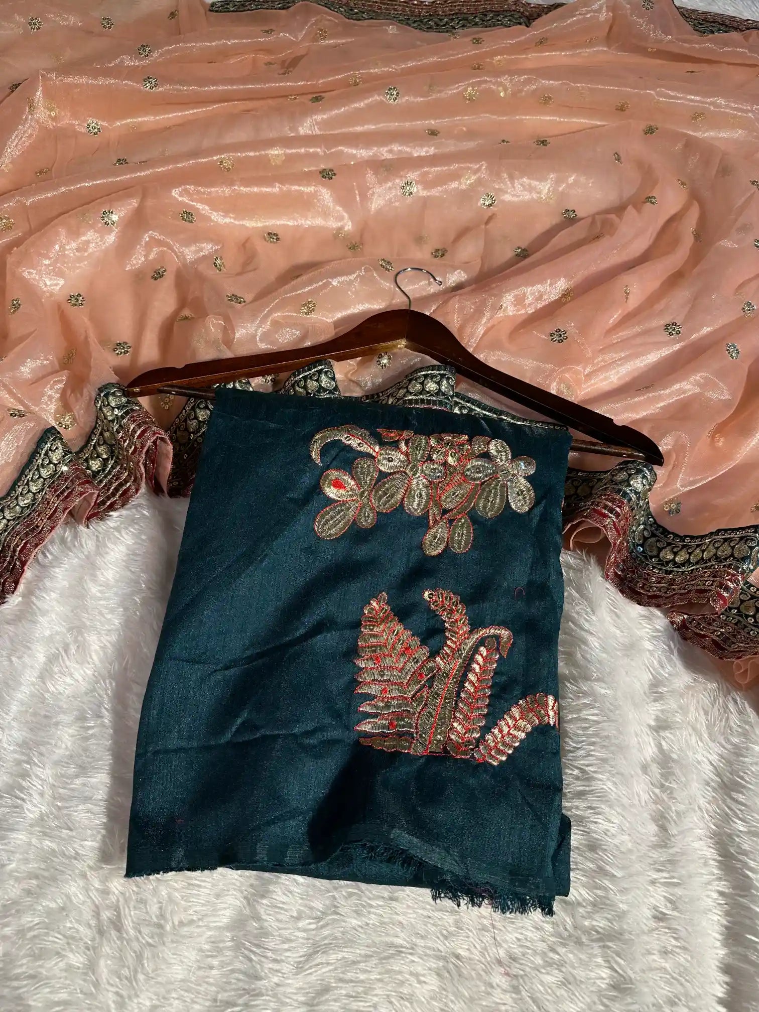 Light Peach Shade Shimmery Tissue Silk Designer Saree