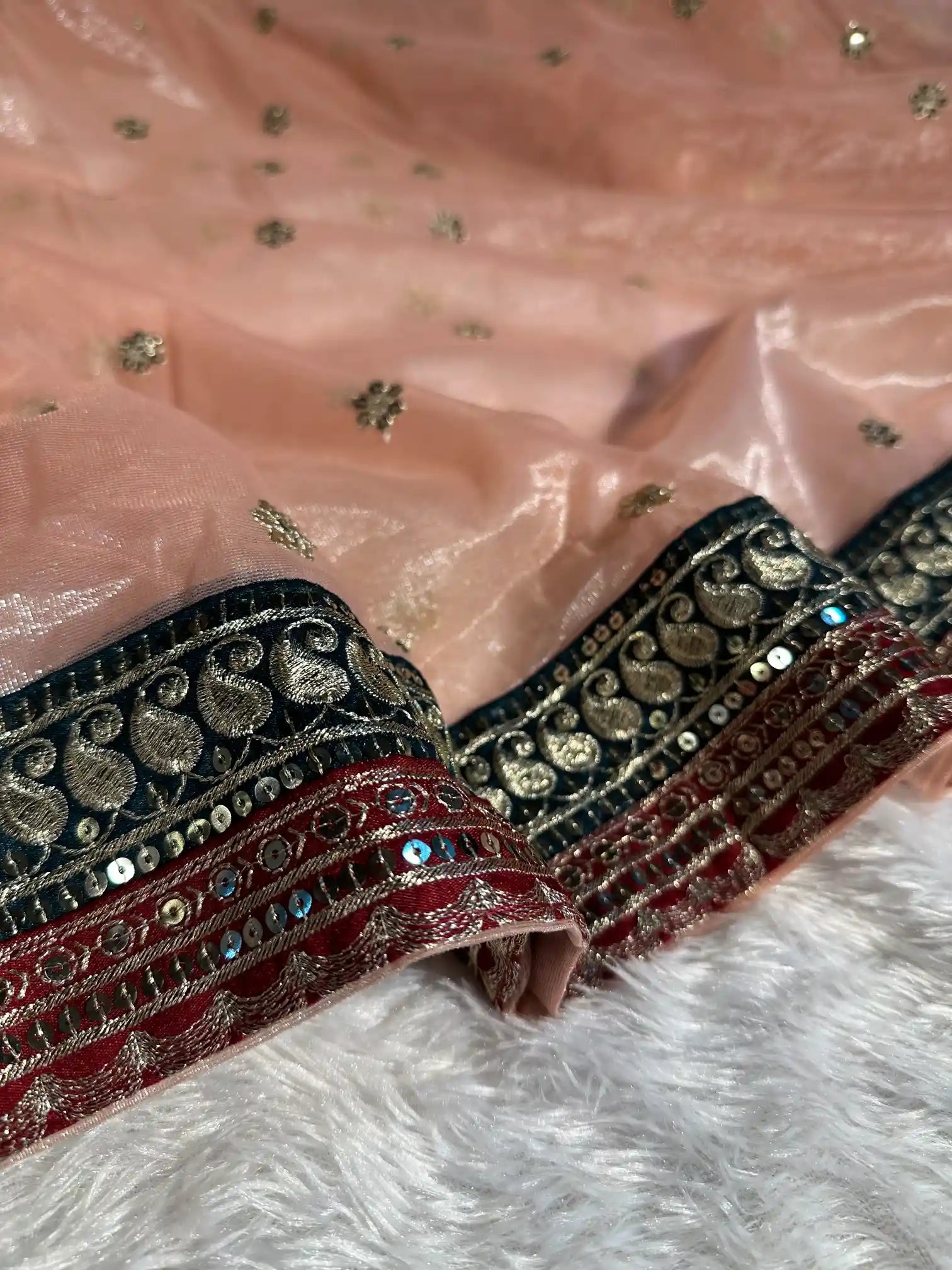 Light Peach Shade Shimmery Tissue Silk Designer Saree